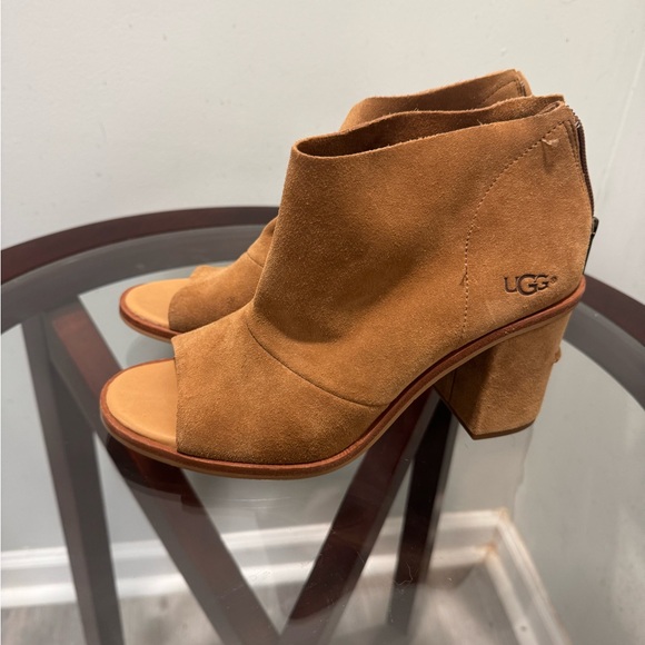 🤎🤎UGG Tan Heeled Boots with Chunky Block Heel and Cut-Out Design - Picture 2 of 6